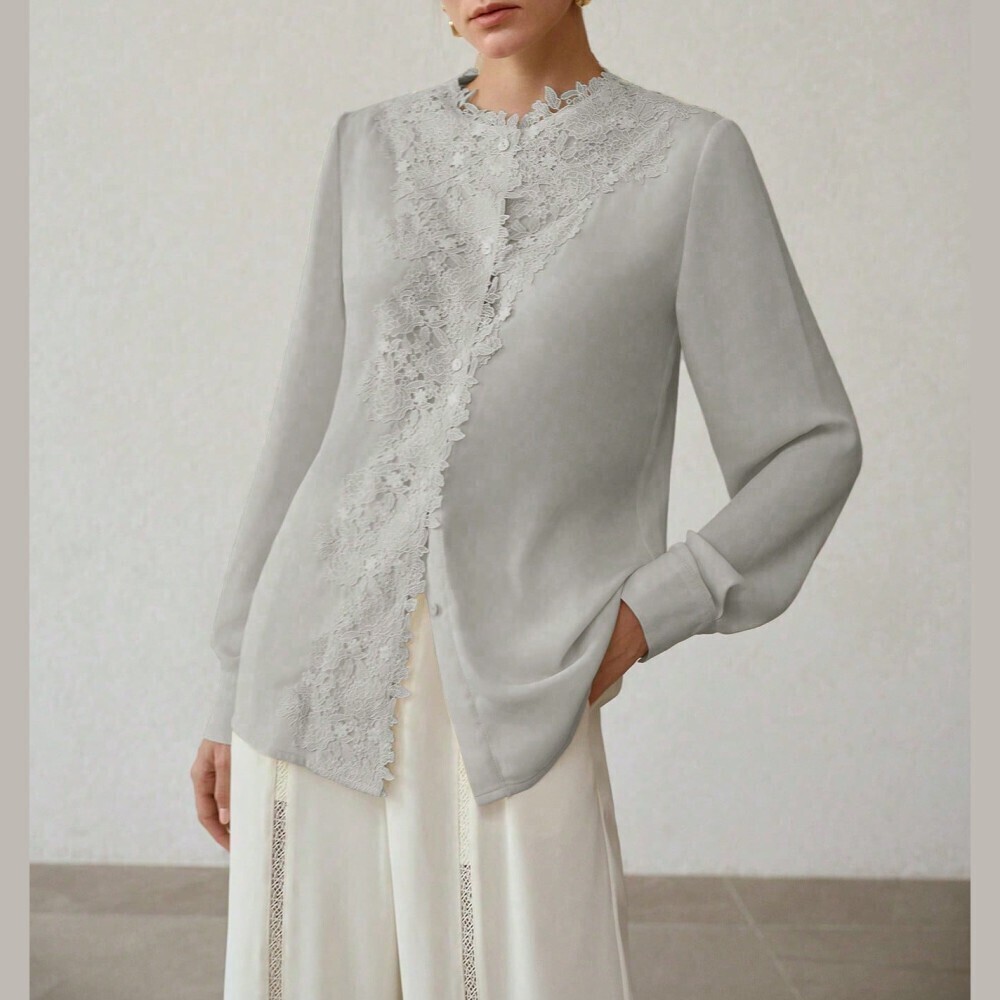 Gray Asymmetric Lace Applique Collarless Long Sleeve Blouse
